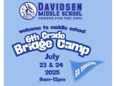  Light blue background with logo for Davidsen Middle School and 6th grade bridge camp July 23 & 24